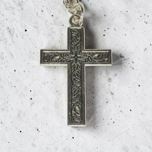 Vintage Ornate Silver Cross Pendant Necklace Gender Neutral